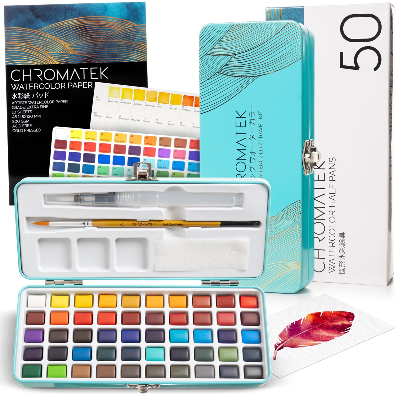 CHROMATEK Watercolor Paint Set, 50 Vivid Colors, Water Color Paper Pad, Brush, Aqua Pen, Palette, Color Chart, Swatch Sheets & Metal Travel Case, Premium All-In-One Art Travel Kit Art Supplies
